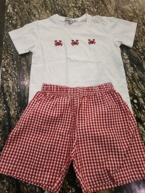 Sweet Dreams White Tee with Red Crab Embroidered & Red Gingham Shorts Pajama Set